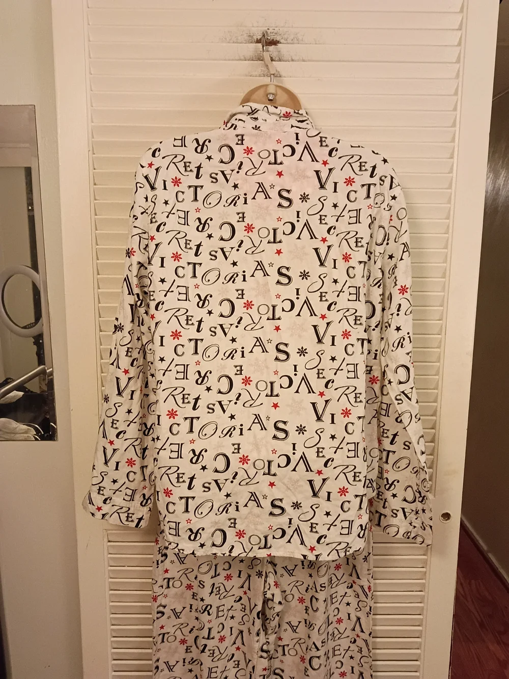Victoria's Secret Cream Printed Button-Down Pajama Set with Black & Red Accents